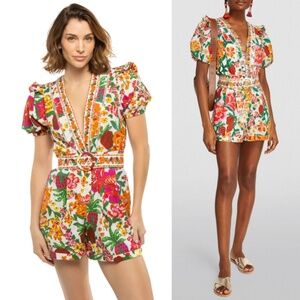 Farm Rio Flowerful Sketch Romper Floral Strawberry Off-White XS NWT